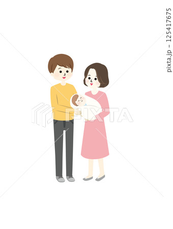 赤ちゃんを抱っこする仲良し夫婦のイラスト 125417675