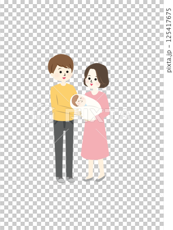 赤ちゃんを抱っこする仲良し夫婦のイラスト 125417675