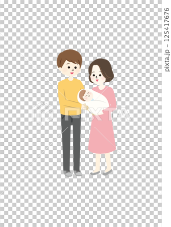 赤ちゃんを抱っこする仲良し夫婦のイラスト 125417676