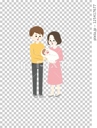 Illustration of a father and mother holding a crying baby 125417677