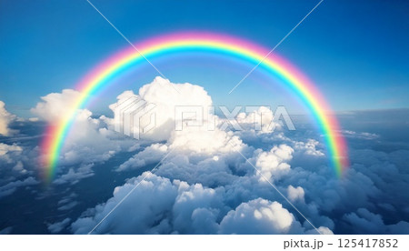 上空に架かった虹と爽やかな青空のドローンや飛行機視点の3DCGイラスト 上空に架かった虹と爽やかな青空のドローンや飛行機視点の3DCGイラスト 125417852