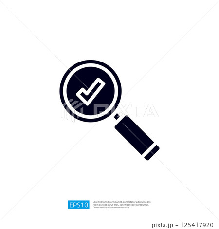 A magnifying glass with a checkmark symbol, representing verification, approval, or confirmation. Illustration icon 125417920