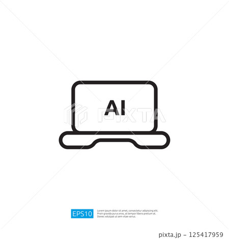 A minimalist illustration of a laptop displaying the letters AI symbolizing artificial intelligence and technology. 125417959