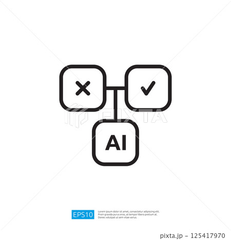 The image features a simple flowchart-like design with X and checkmark symbols connected to an AI label, representing decision-making or evaluation in artificial intelligence. The image features a simple flowchart-like design with X and checkmark symbols connected to an AI label, representing decision-making or evaluation in artificial intelligence. 125417970