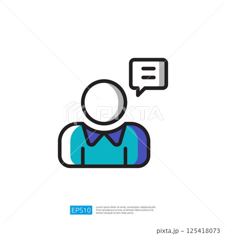 A minimalist illustration icon of a person with a speech bubble, symbolizing communication or conversation A minimalist illustration icon of a person with a speech bubble, symbolizing communication or conversation 125418073