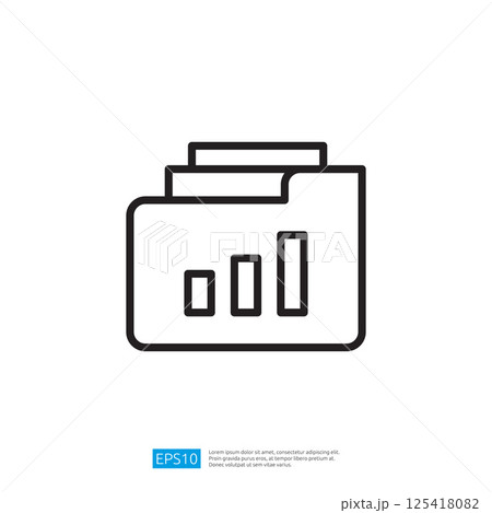 A simple line drawing of a folder with documents and a bar graph, representing data organization and analysis. Illustration icon 125418082