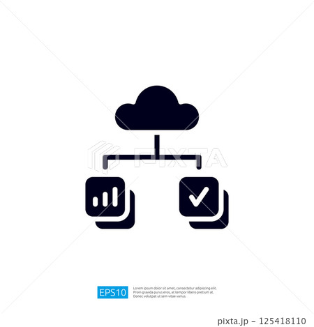 a cloud symbol connected to two icons representing data analysis and task completion, illustrating cloud computing and data management concepts. Illustration icon 125418110