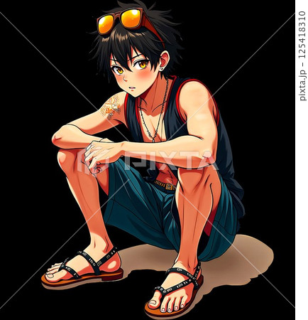 【イラスト素材】昭和の不良少年A/喧嘩上等！番長気質なサンダル少年（黒地） 125418310