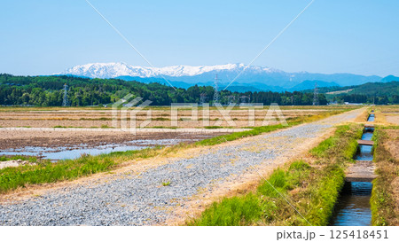 会津盆地から望む飯豊山地（春） 125418451