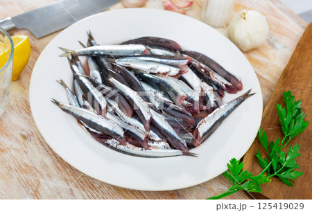 Raw anchovy fish served on plate Raw anchovy fish served on plate 125419029