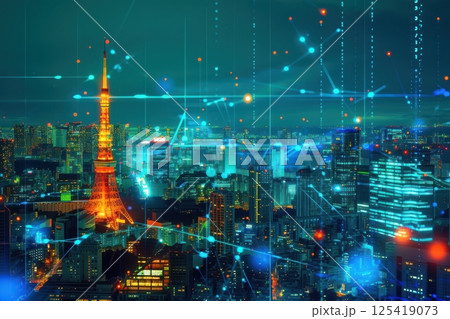 日本の都市とネットワークのイメージ(テクノロジー・データ通信・スマートシティ・ビッグデータ) 日本の都市とネットワークのイメージ(テクノロジー・データ通信・スマートシティ・ビッグデータ) 125419073