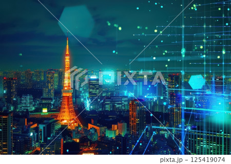 日本の都市とネットワークのイメージ(テクノロジー・データ通信・スマートシティ・ビッグデータ) 日本の都市とネットワークのイメージ(テクノロジー・データ通信・スマートシティ・ビッグデータ) 125419074