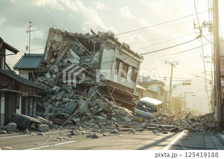 日本の災害のイメージ写真（地震・地面の亀裂・復興・救助・崩壊）	 125419188