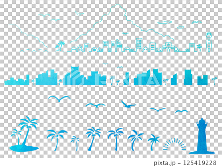 一套夏季海濱城市景觀剪影插圖背景圖城市景觀 125419228