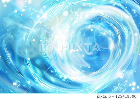 明るい光の中で水が回転しながら跳ねている背景写真（潤い・化粧水・ウォーター・躍動感）	 125419300