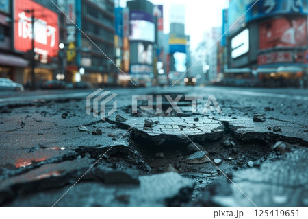 日本の災害のイメージ写真（地震・地面の亀裂・復興・救助・崩壊）	 125419651