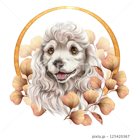 Cute illustration white dog, puppy with autumn leaves, floral animal portrait. 125420367