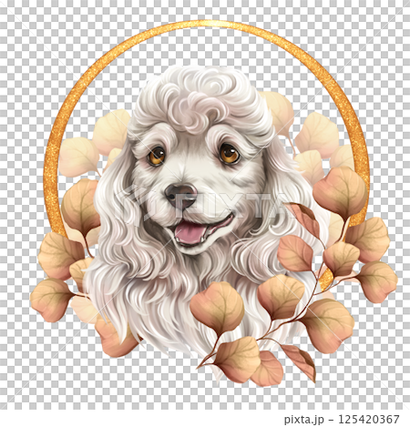 Cute illustration white dog, puppy with autumn leaves, floral animal portrait. 125420367