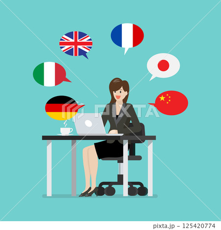 Language translator girl using social media app. 125420774