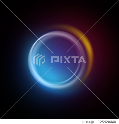 A vibrant circular light swirl appear against a dark backdrop, showcasing a blend of blue, purple, and orange hue, reflecting an artistic digital design atmosphere. 125420880