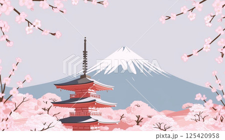 富士山と桜と五重塔のある風景 125420958