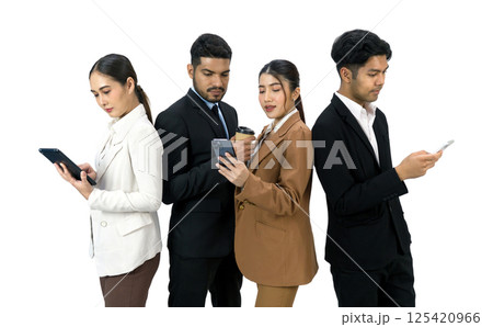 Team of successful young people standing together. Some people drink coffee some people using tablet computer and smartphone. Portrait on white background with studio light. Isolated 125420966
