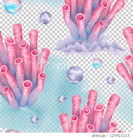 Tubular coral with water bubbles on blue spot. Seamless pattern. Watercolor illustrations. Ocean coral reefs, seabed underwater animal. Hand drawn isolated art. Nautical design for fabric, textile Tubular coral with water bubbles on blue spot. Seamless pattern. Watercolor illustrations. Ocean coral reefs, seabed underwater animal. Hand drawn isolated art. Nautical design for fabric, textile 125421115