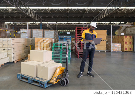 A warehouse worker stand beside a pallet jack loaded with box, focused on using a laptop to manage inventory in a well-organized storage area during the daytime. A warehouse worker stand beside a pallet jack loaded with box, focused on using a laptop to manage inventory in a well-organized storage area during the daytime. 125421368