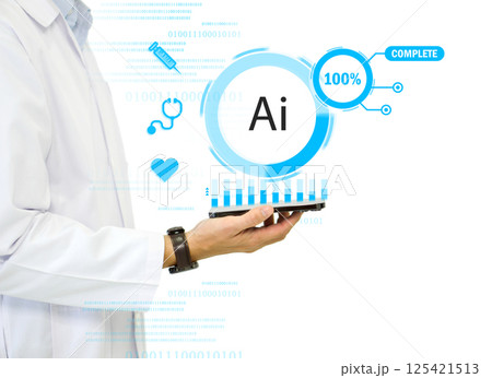 A doctor in a white lab coat holding smartphone surrounded by digital representation of artificial intelligence, health, and research icon. The setting is bright and futuristic. 125421513