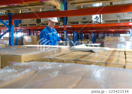 Young worker in blue uniform and safety helmet review inventory record on laptop computer. Stand among stacked boxes in a busy storage area. Working atmosphere in general warehouse with racking system Young worker in blue uniform and safety helmet review inventory record on laptop computer. Stand among stacked boxes in a busy storage area. Working atmosphere in general warehouse with racking system 125421534