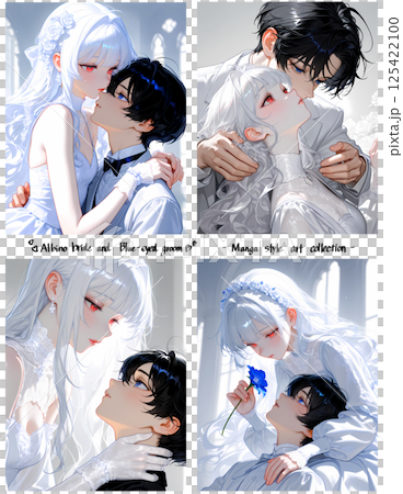 純潔性感的新娘和新郎。一位白化病女孩和一位藍眼睛年輕男子之間的一場奇幻婚禮。 4 幅漫畫風格的 AI 插圖 純潔性感的新娘和新郎。一位白化病女孩和一位藍眼睛年輕男子之間的一場奇幻婚禮。 4 幅漫畫風格的 AI 插圖 125422100