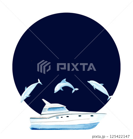 Yacht dolphins watercolor dark round frame isolated on white. Hand painted clip art perfect for cards, banners, advertisements, invitations, maps books. Travel, voyage design. Blue white monochrome Yacht dolphins watercolor dark round frame isolated on white. Hand painted clip art perfect for cards, banners, advertisements, invitations, maps books. Travel, voyage design. Blue white monochrome 125422147