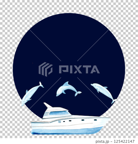 Yacht dolphins watercolor dark round frame isolated on white. Hand painted clip art perfect for cards, banners, advertisements, invitations, maps books. Travel, voyage design. Blue white monochrome Yacht dolphins watercolor dark round frame isolated on white. Hand painted clip art perfect for cards, banners, advertisements, invitations, maps books. Travel, voyage design. Blue white monochrome 125422147
