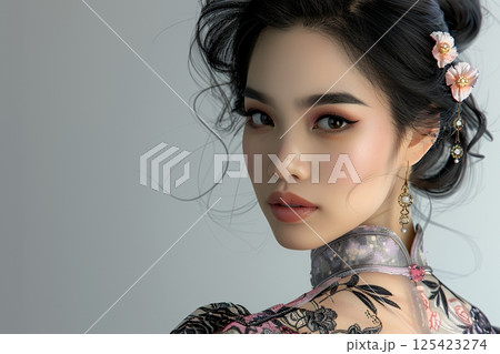 未来の日本人ヘアメイクスタイル　美肌美人女性像を生成AIで表現（横写真） 125423274