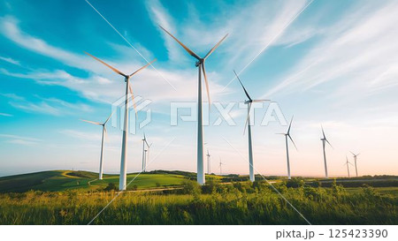wind turbine farm on mountain hillside 125423390