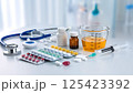 close up of syringe and pills in lab 125423392