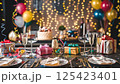 festive table with dishes and wine glasses 125423401