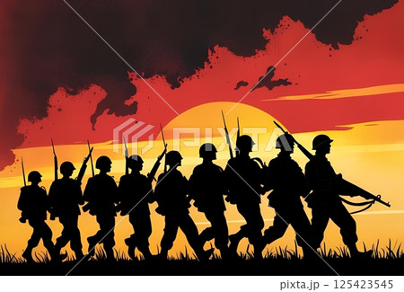 夕日の中を行軍する歩兵のシルエットのイラスト 125423545