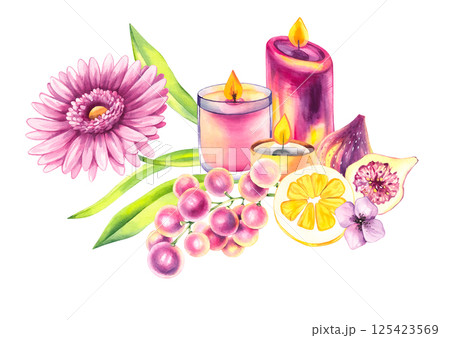 Watercolor illustration colored magical with fruits and crystals 125423569