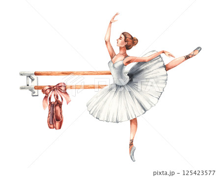 Watercolor ballet with ballerinas and accessories Watercolor ballet with ballerinas and accessories 125423577