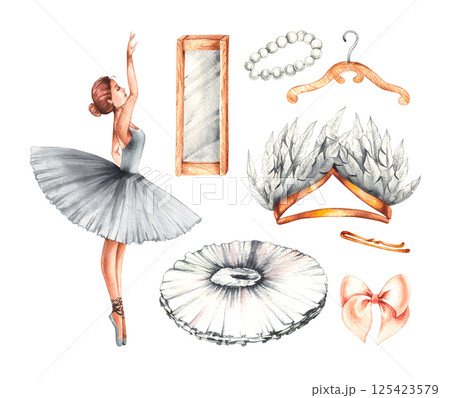 Watercolor ballet with ballerinas and accessories Watercolor ballet with ballerinas and accessories 125423579