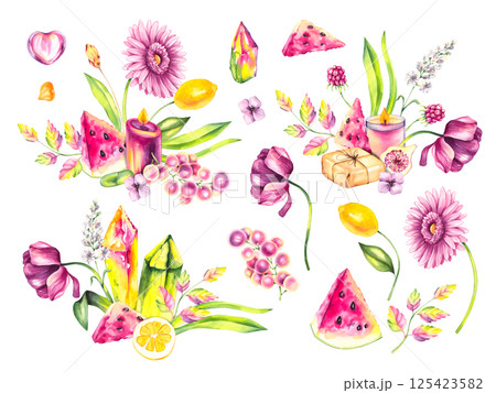 Watercolor illustration colored magical with fruits and crystals Watercolor illustration colored magical with fruits and crystals 125423582