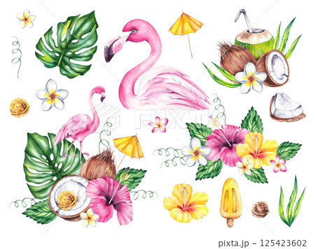 Summer tropical set of cute illustrations 125423602