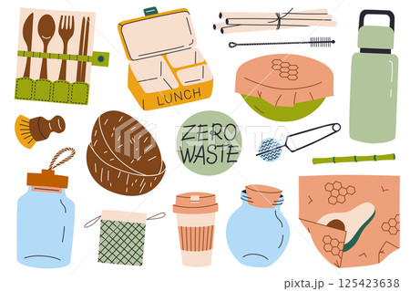 Flat cartoon collection of sustainable kitchen essentials for zero waste lifestyle, mindful consumption vector illustrations, and eco friendly habits icons, lunchbox, thermos, and reusable cup doodles Flat cartoon collection of sustainable kitchen essentials for zero waste lifestyle, mindful consumption vector illustrations, and eco friendly habits icons, lunchbox, thermos, and reusable cup doodles 125423638