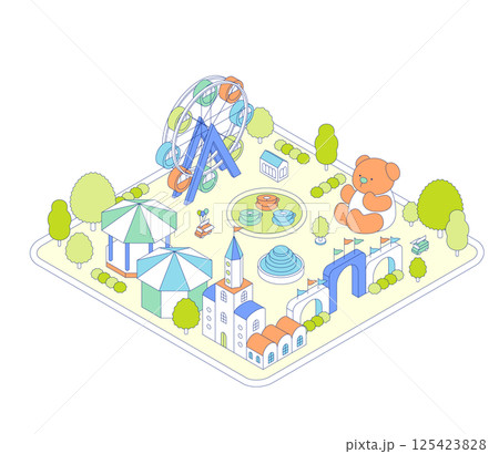 遊園地のアイソメトリックイラスト。観覧車やティーカップなどのアトラクションがあるテーマパーク。 125423828