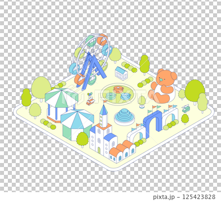 Amusement park isometric illustration. Theme park with attractions such as Ferris wheel and tea cups. 125423828