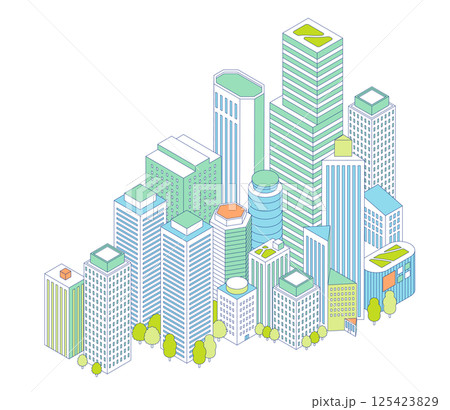 アイソメトリックの都市イラスト。高層ビルが立ち並ぶ都会の風景。オフィスビルと商業ビル。 125423829