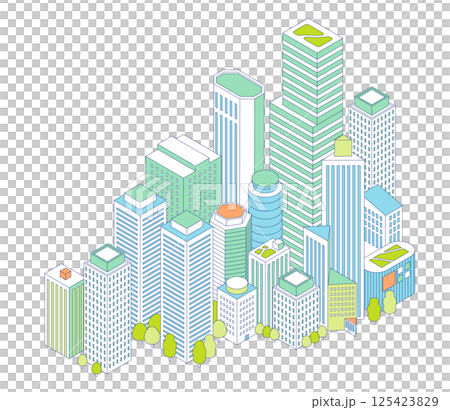 等距城市插圖。摩天大樓林立的城市景觀。辦公大樓和商業大樓。 等距城市插圖。摩天大樓林立的城市景觀。辦公大樓和商業大樓。 125423829