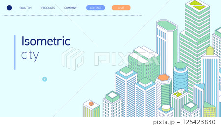 アイソメトリックの都市イラスト。高層ビルが立ち並ぶ都会の風景。オフィスビルと商業ビル。 125423830