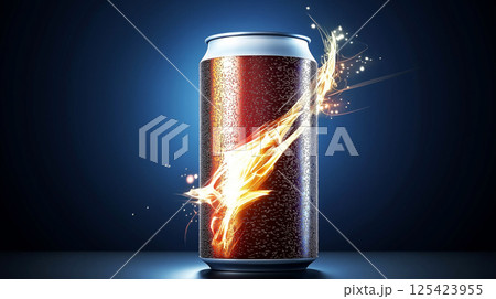 Sparkling soda can with dynamic energy burst on dark background Sparkling soda can with dynamic energy burst on dark background 125423955